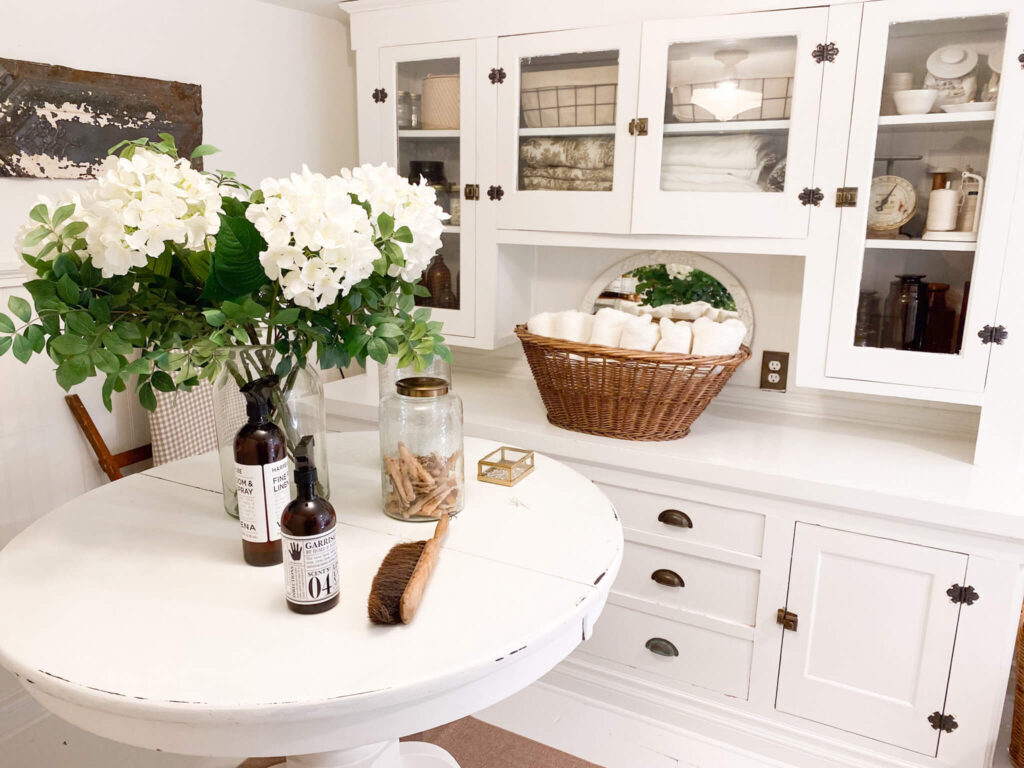 Vintage style basement laundry room and an old built in cupboard for storage