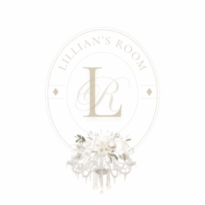 Lillian's Room Logo with LR initials and a floral chandelier