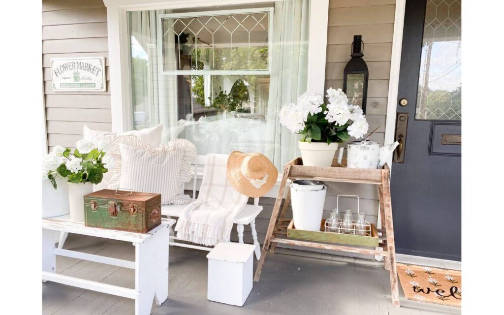 Vintage summer porch with white faux florals