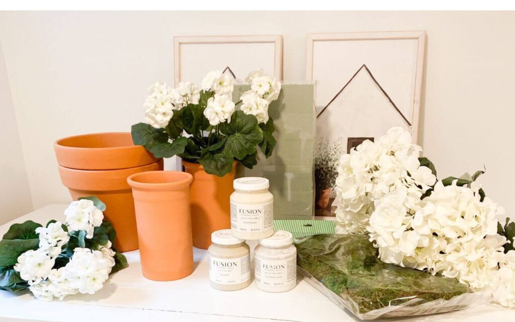 Supplies for DIY vintage inspired flower pots