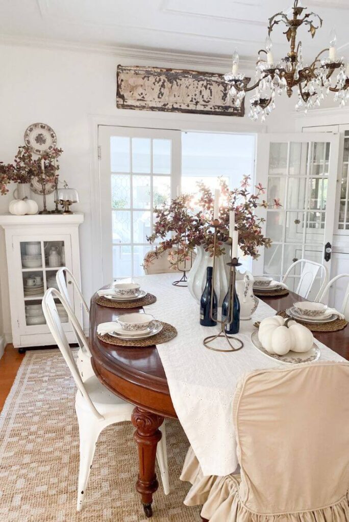 Antiques, fall stems and a jute rug for a fall cozy dining room