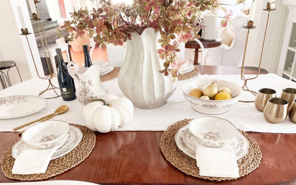 Cottage fall dining room with new floral fall dishes