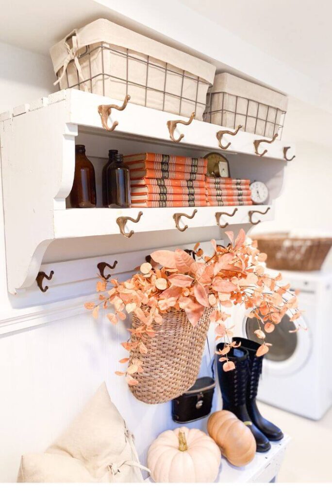 Small entryway fall decor with vintage finds and faux fall stems