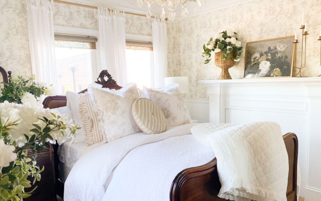Simple bedroom makeover with cozy cottage style, wicker planter, and floral accents.