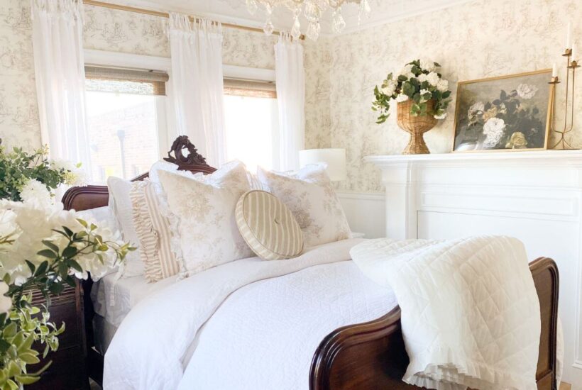 Simple bedroom makeover with cozy cottage style, wicker planter, and floral accents.