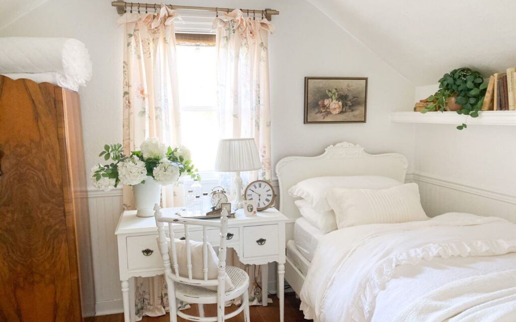 Close-up of linen ruffled duvet on a vintage-style bed