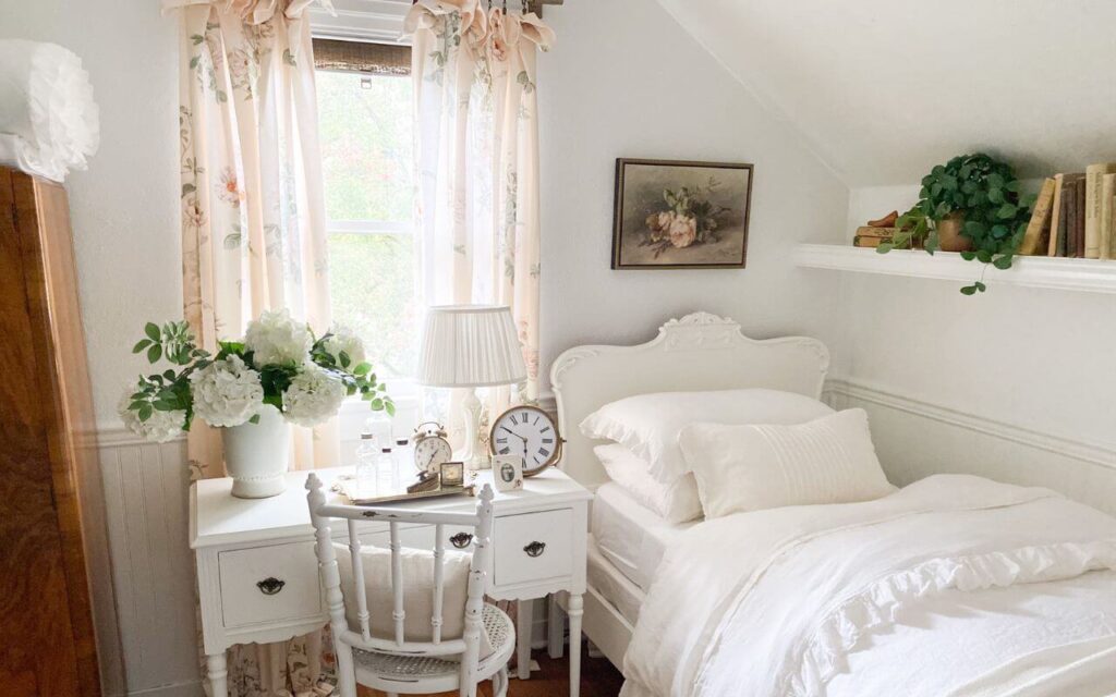 Floral curtain panels in a cozy bedroom with roses picture