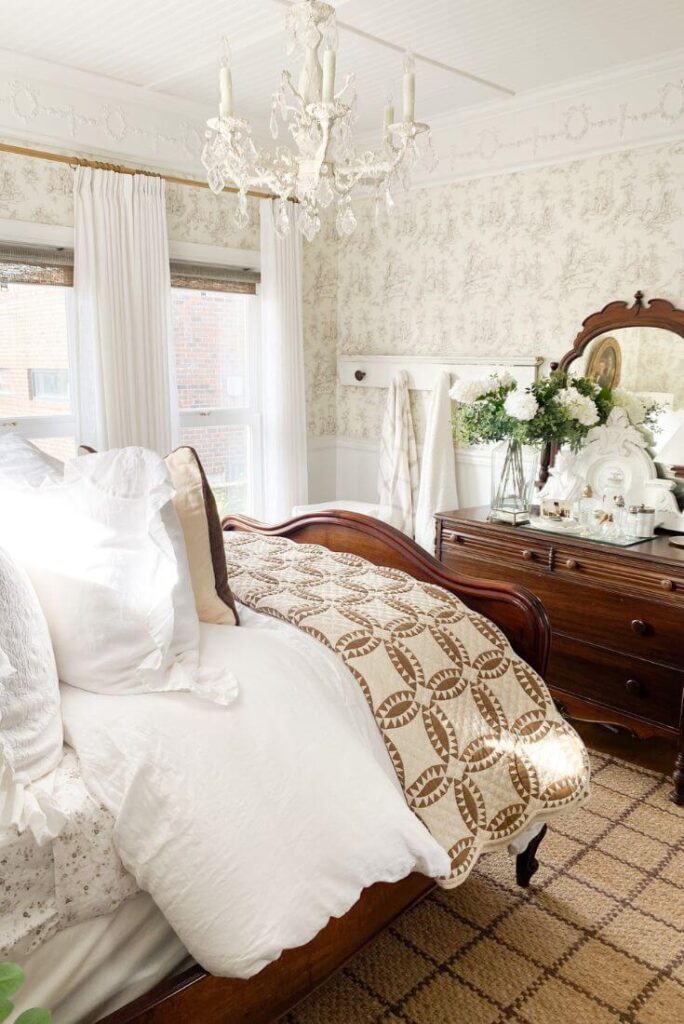 Small cottage bedroom styled with neutral winter tones.