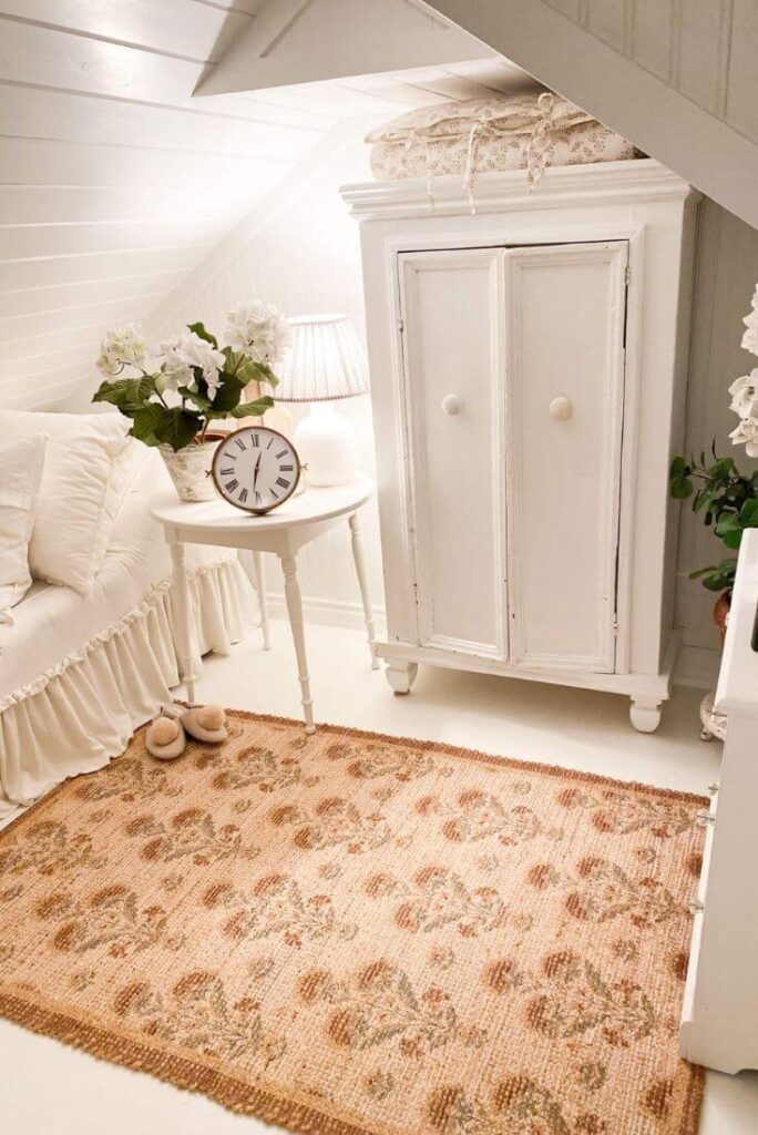 White attic room with patterned jute rug and soft vintage decor