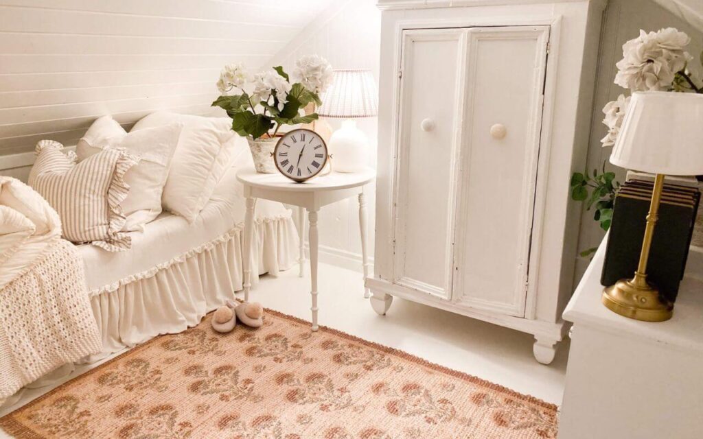 Cozy reading corner with jute floral rug and vintage decor