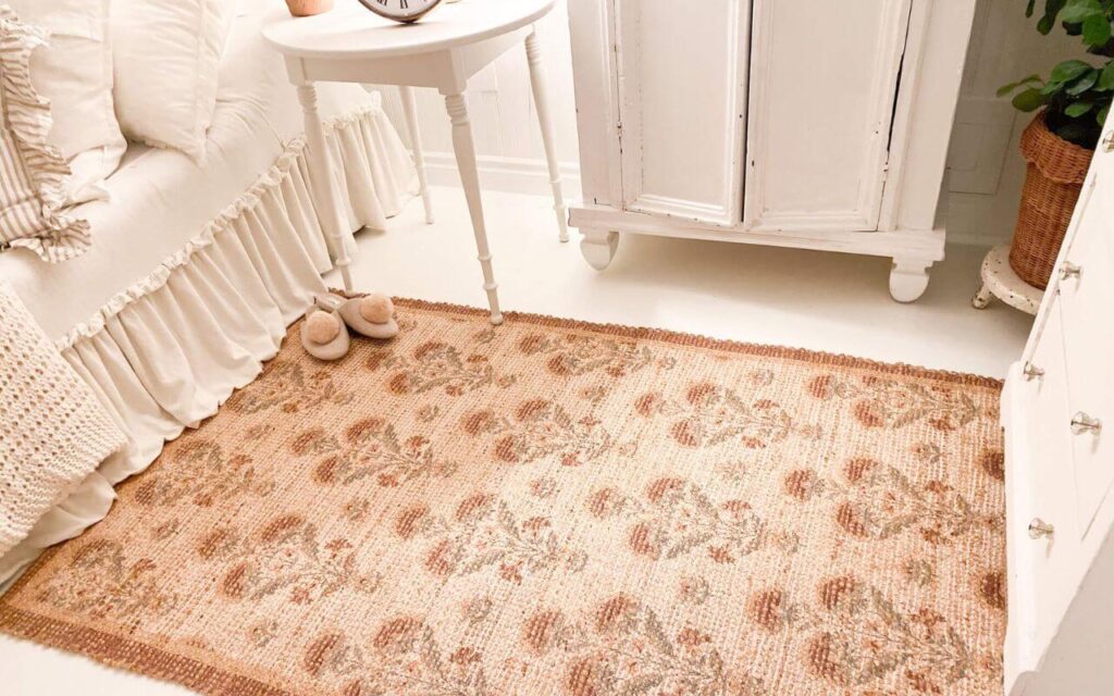 Close-up of warm-toned botanical jute rug layered on white floor.