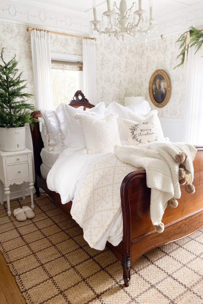 Cozy cottage Christmas bedroom for simple ways to style jute rugs