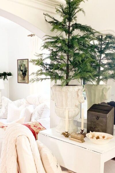 Wide-angle view of the cottage style Christmas entryway leading into the living room with warm, neutral decor
