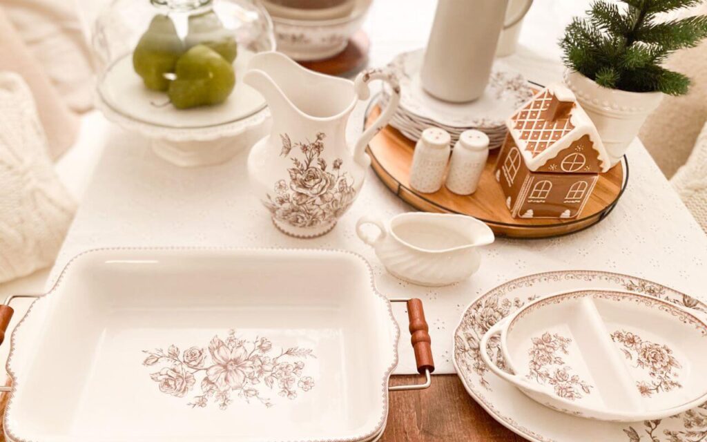 Vintage-inspired transferware used in warm, neutral Christmas kitchen decor.