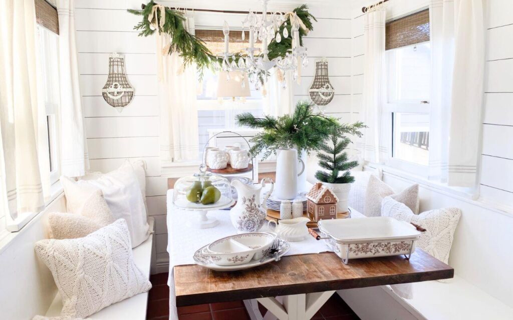 Transferware dinner plates and cake plate displayed for Christmas hosting.