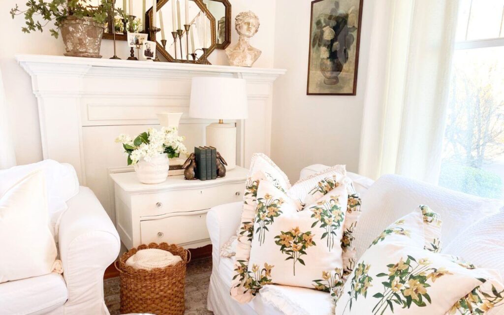 Spring ruffled floral pillows on a white couch with a ruffled white coverlet next to a white antique dresser with faux lilacs.