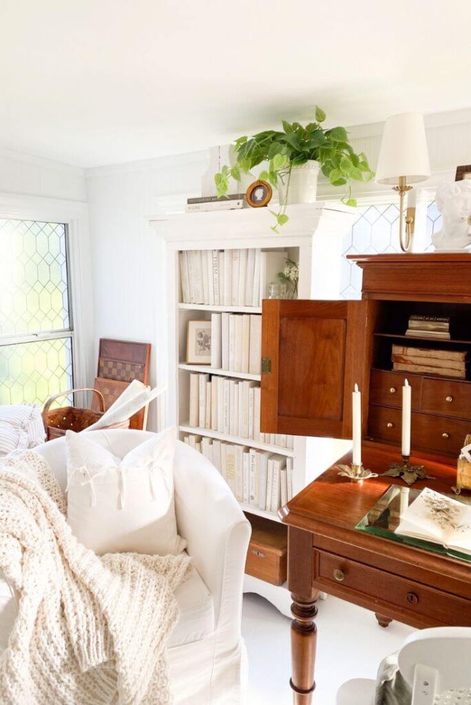 Quiet reading and work area set up in a sun-filled room off the dining room