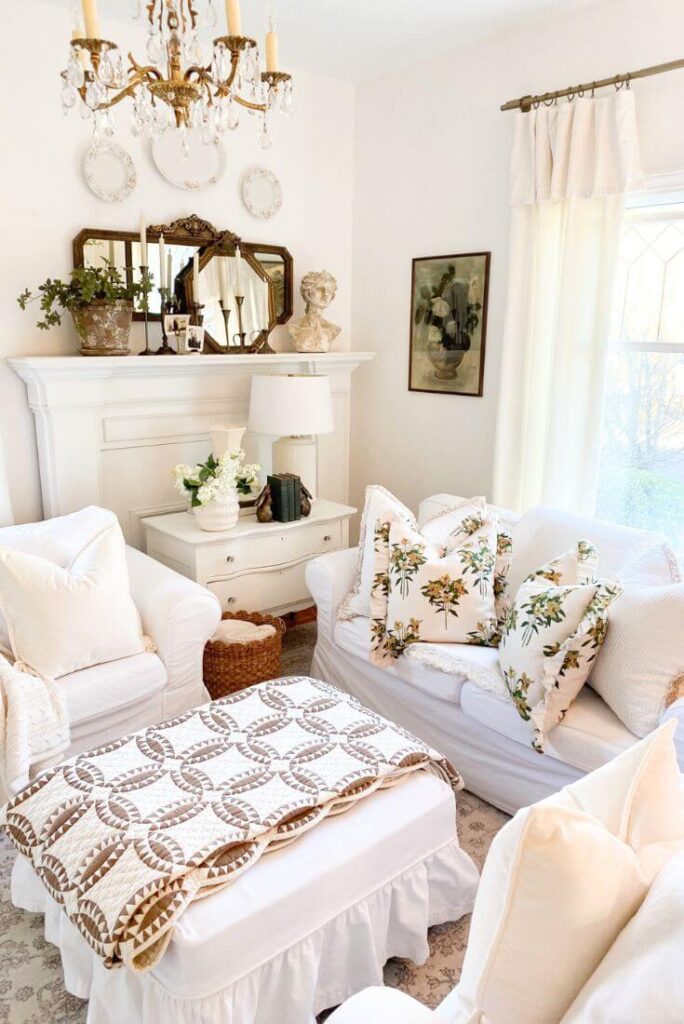 Winter-to-spring living room transition with soft florals, neutral decor, and cozy seating.