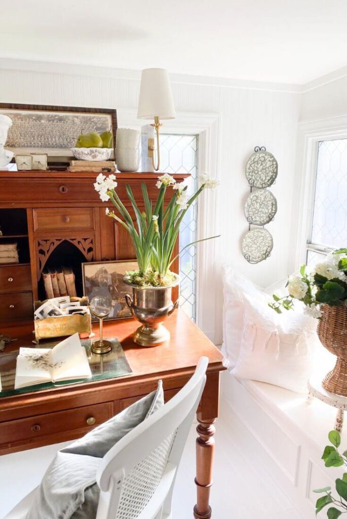 Leaded glass style window film added for privacy in a bright office space