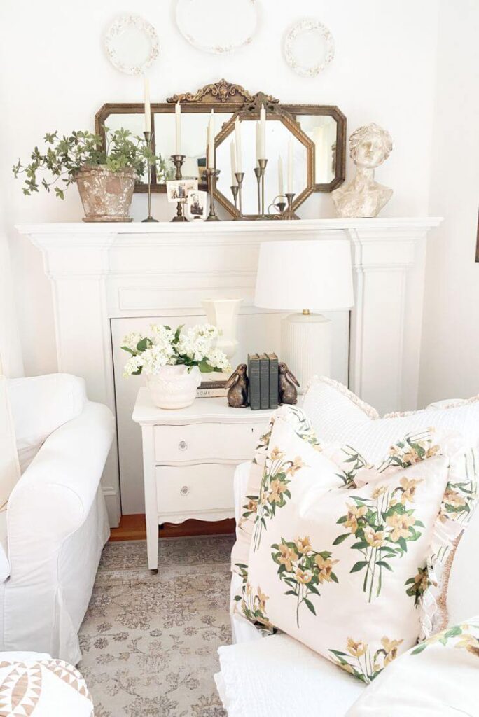 Seasonal living room update after Christmas with winter layers and early spring floral touches