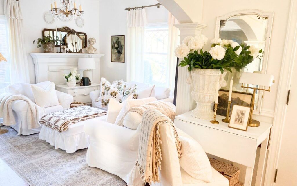 Cottage living room and entryway styled for a quick pre-spring refresh with cozy quilts, throws and pillows.