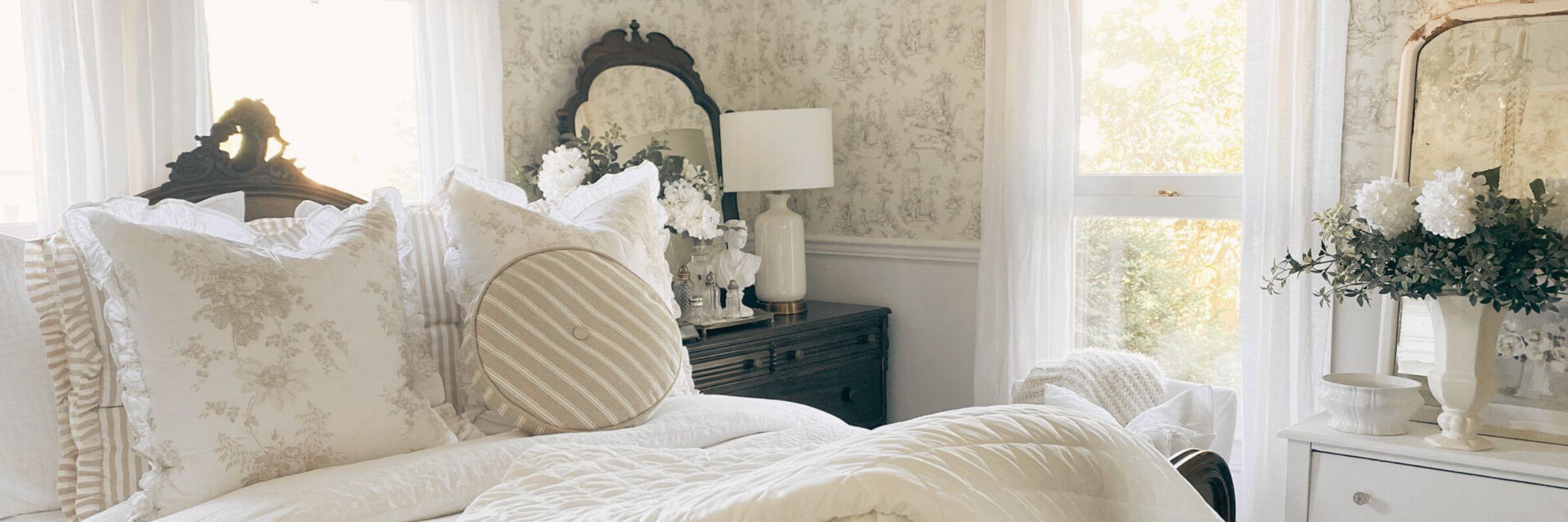 Cottage Bedroom with Cabbage Roses Pillows
