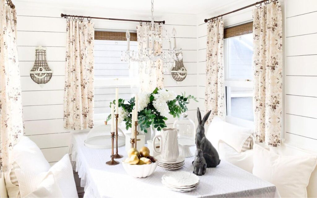 DIY kitchen curtains in a cozy cottage breakfast nook