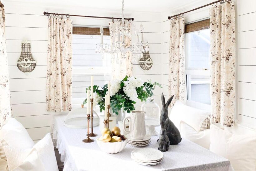DIY kitchen curtains in a cozy cottage breakfast nook