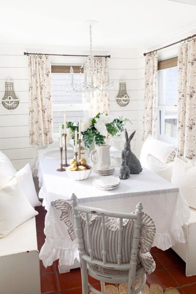 Cottage kitchen with floral curtain panels