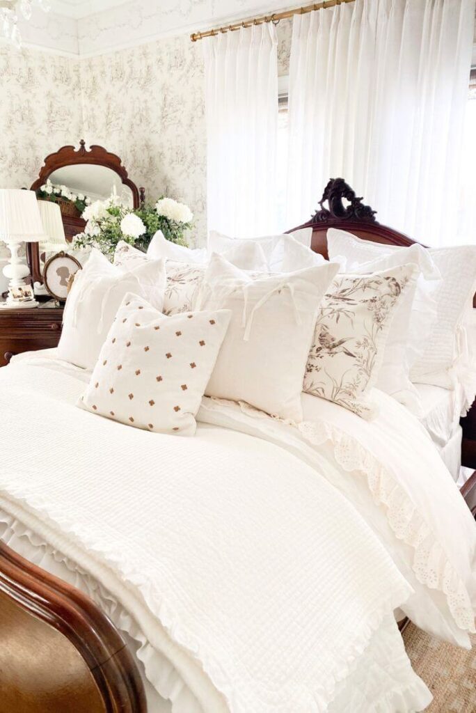 Layered neutral bedding with ruffled coverlet and linen euro shams