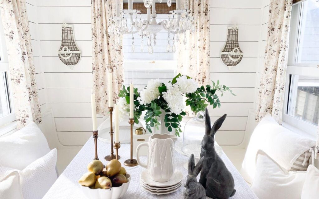 Floral DIY kitchen curtains hanging in a cottage style kitchen