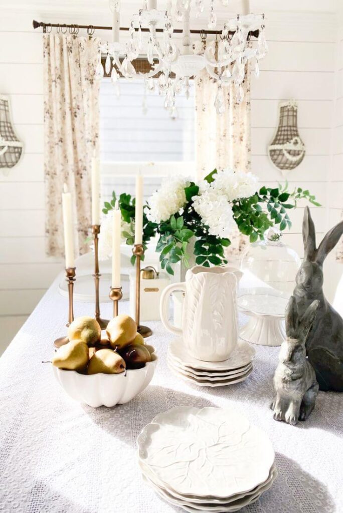 Spring tablescape with bunnies and white hydrangeas.