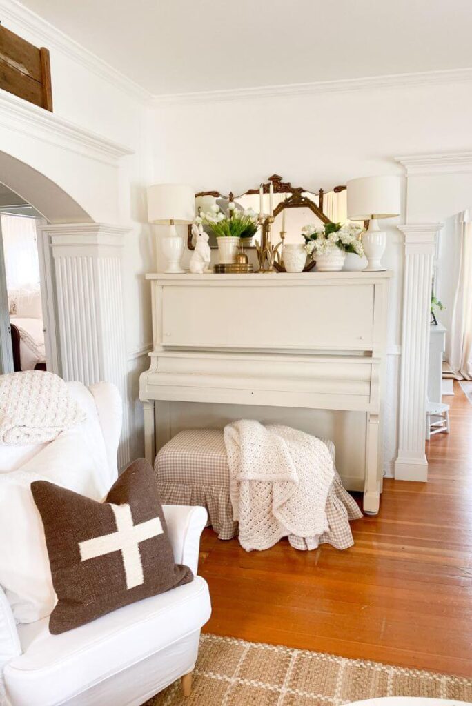 Antique piano makeover with Fusion Mineral paint and ruffled gingham bench.