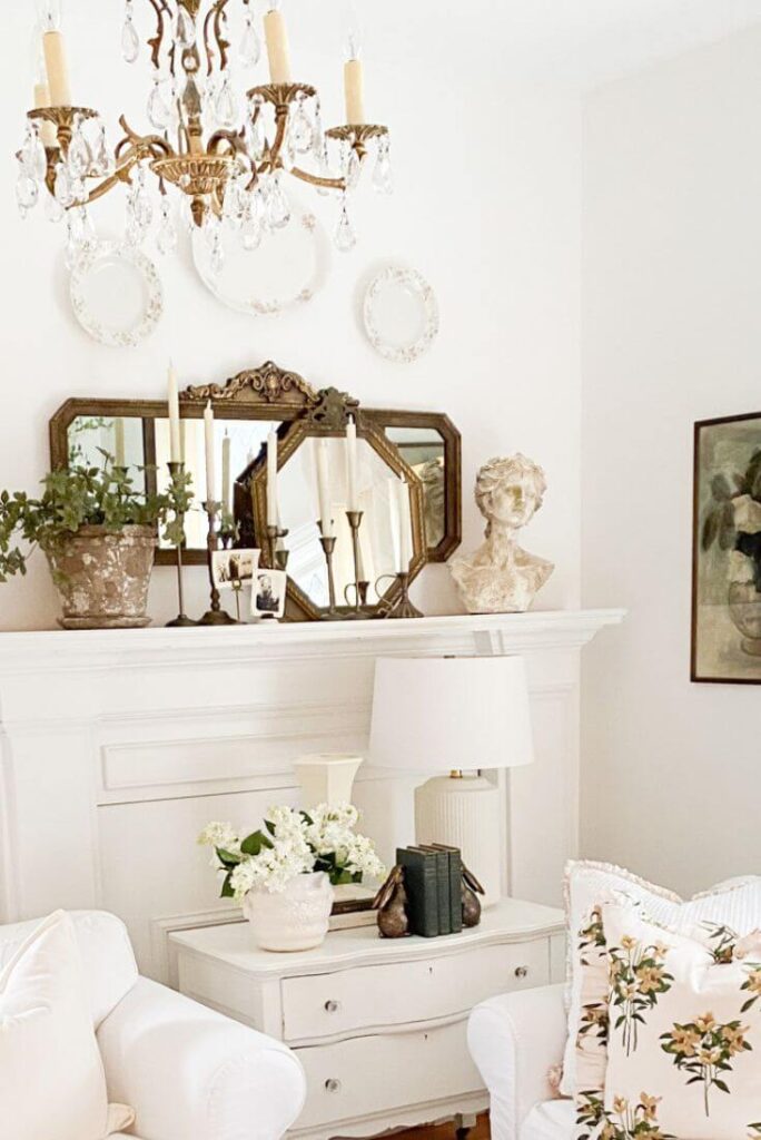 Living room decor with realistic faux lilacs for a spring refresh.