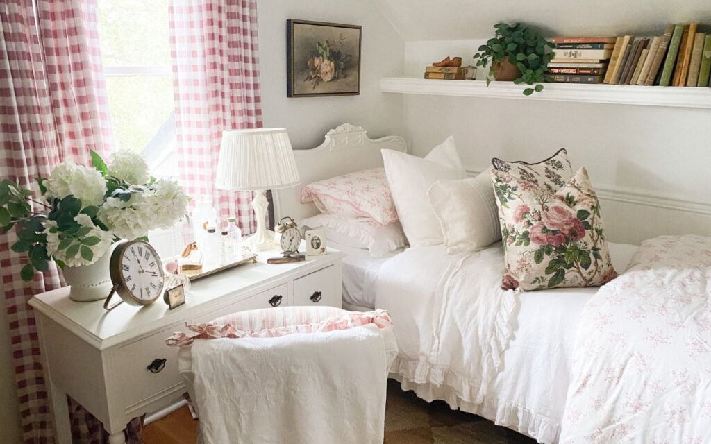 Ruffled linen bedding, pink toile comforter and cabbage rose pink pillow for guest bedoom refresh