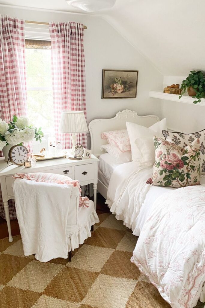 Guest bedroom refresh with pink gingham check curtains, ruffled linen bedding and cabbage rose pillows